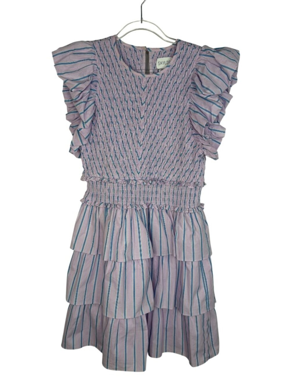 SAYLOR Smocked Tiered Mini Dress in Purple & Blue Stripes Size Medium
